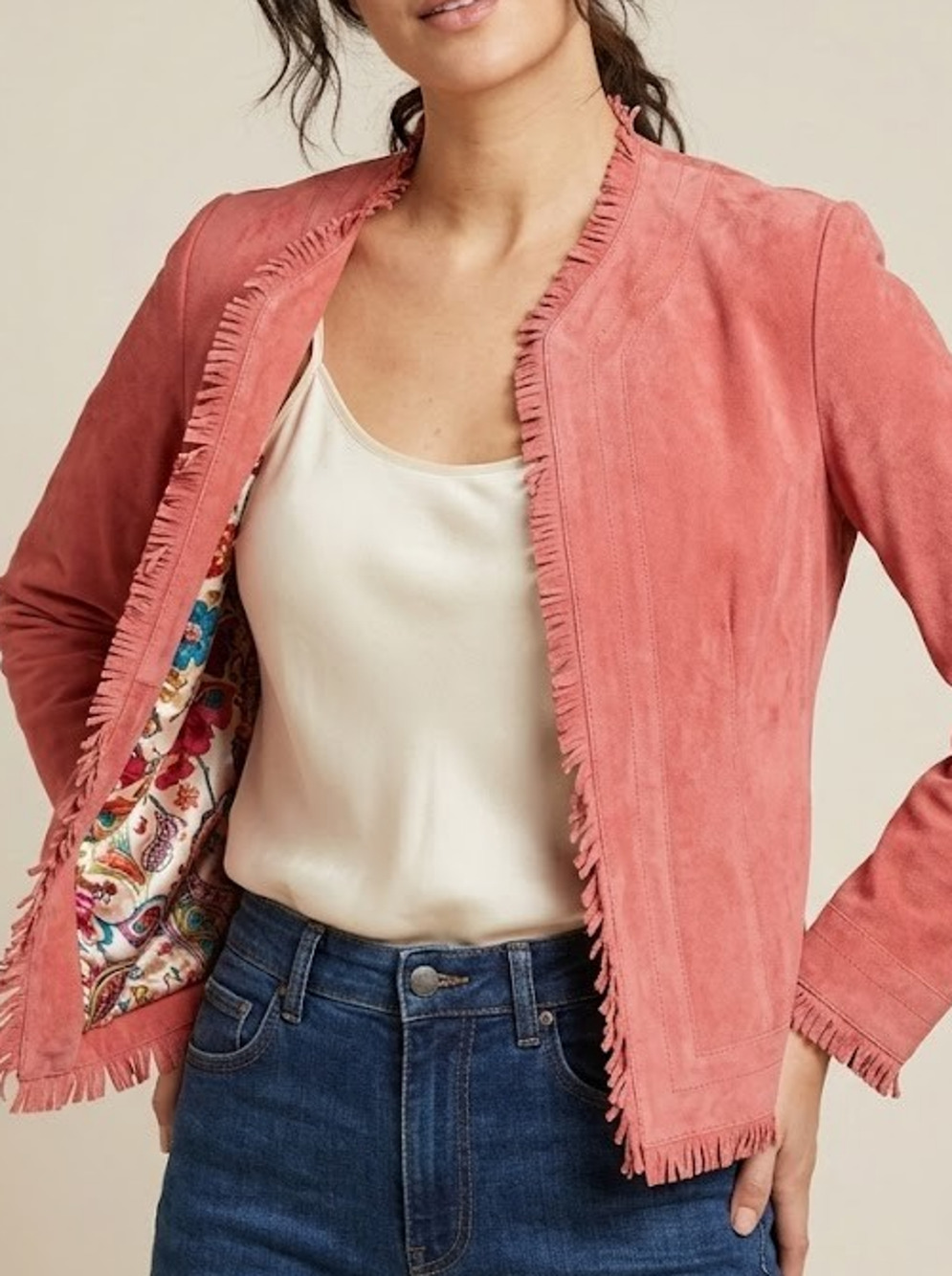 ZaZee Women L Coral Pink Suede Leather Fringe Open Front Jacket Boho Western Y2K